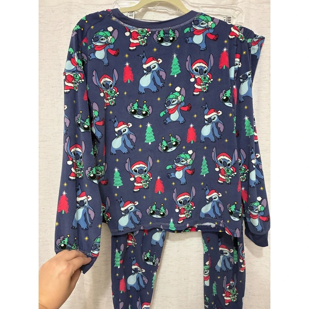 Disney Lilo & Stitch Christmas Pajama Set Navy Blue Holiday Sleepwear Large